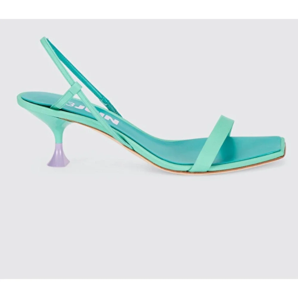 3Juin Kitten Heel Capri Kimi Sandals Women Size 7.5 Mint Green‎ Purple Open Toe